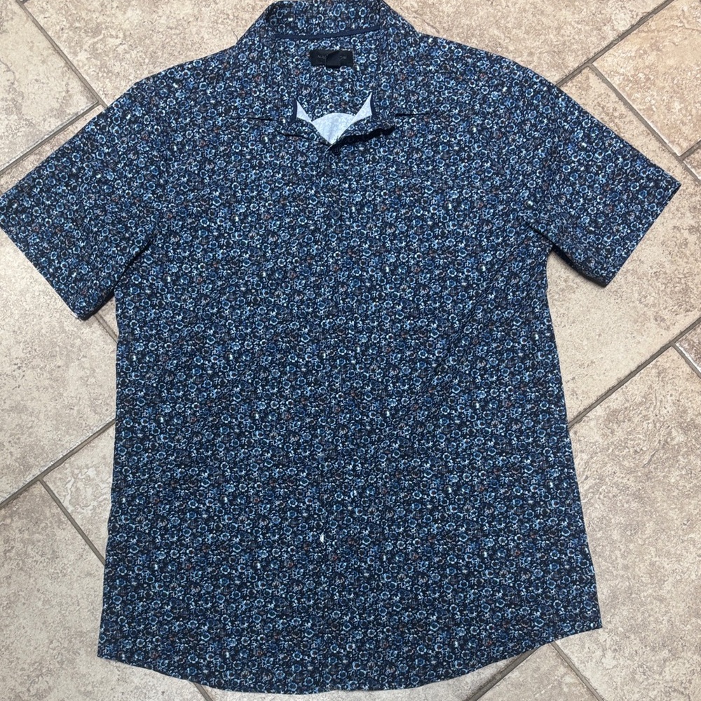 Magaschoni Navy Blue Short-Sleeve Button-Down with Micro Floral Print